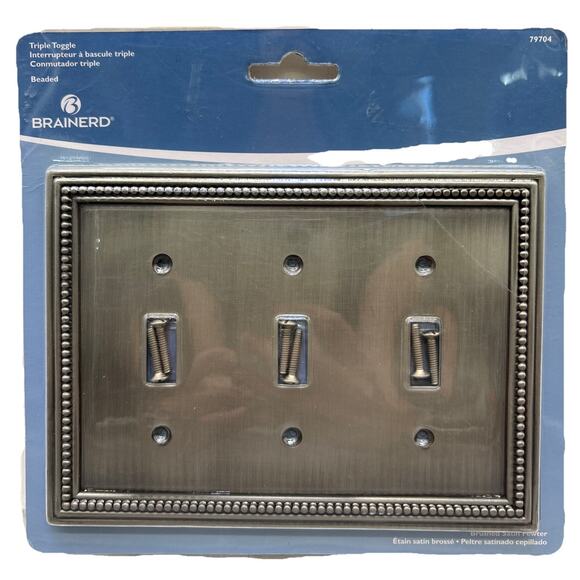 allen + roth Beaded 3-Gang Brushed Satin Pewter Triple Toggle Wall Plate {1} - Picture 1 of 8